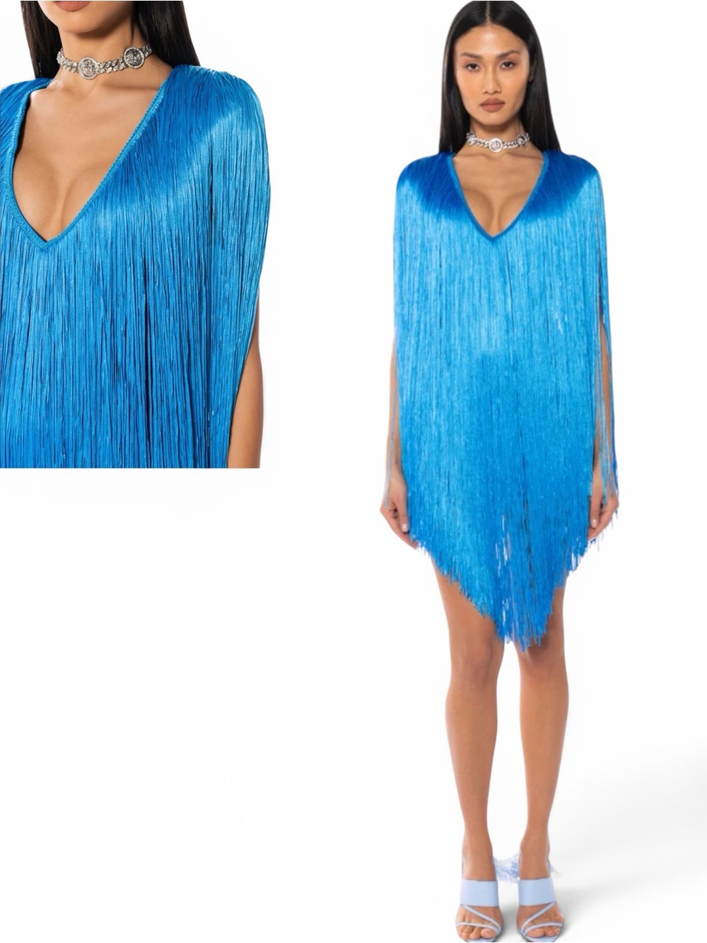 AKIRA STEVIE DEEP V BANDAGE WITH FRINGE MINI DRESS